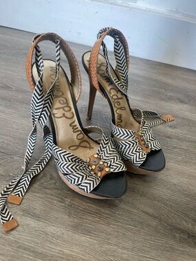 Sam Edelman Mea Ultra High Heels Black & White Chevron Wrap Heeled Sandals